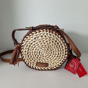 Rosetti Brown & Natural Round Leather & Straw Crossbody Bag